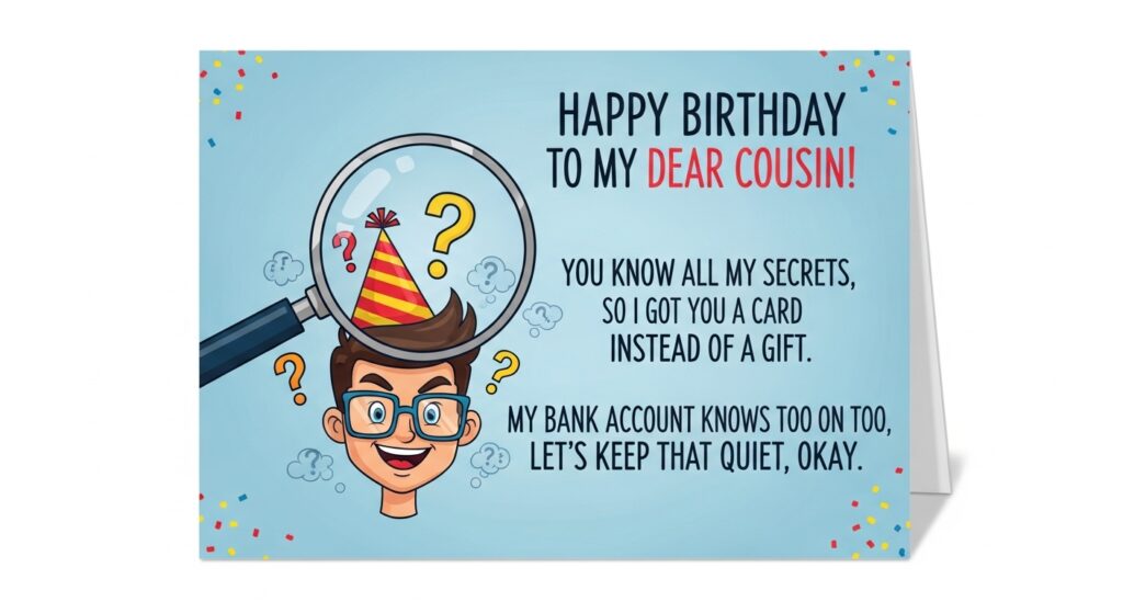 Funny Birthday Wishes for Cousin Who Knows Too Much
